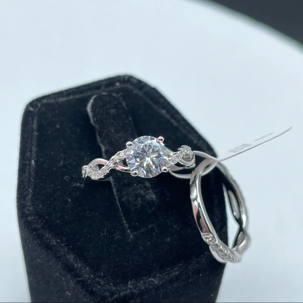 925 Sterling Silver Round Cut Diamond Elegant 2 Band Wedding Ring Set 5